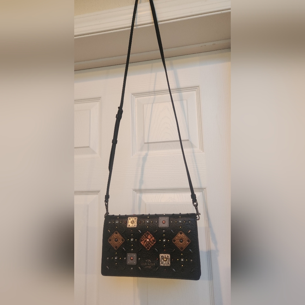 Coach Foldover Crossbody Clutch With Prairie Rivets And Snakeskin Detail (25681)